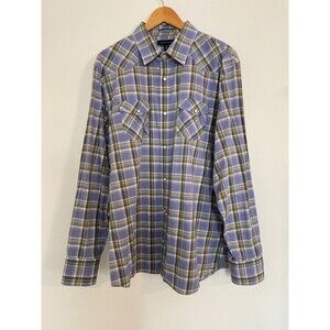 Banana Republic Mens Flip Cuff Button Up Plaid Shirt Pearl Snaps XL Blue/Gray